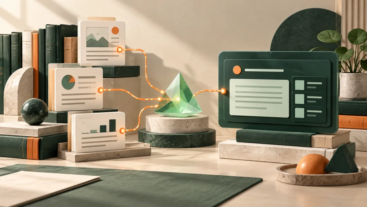 AI knowledge assistant illustration connecting an answer panel to books and source documents