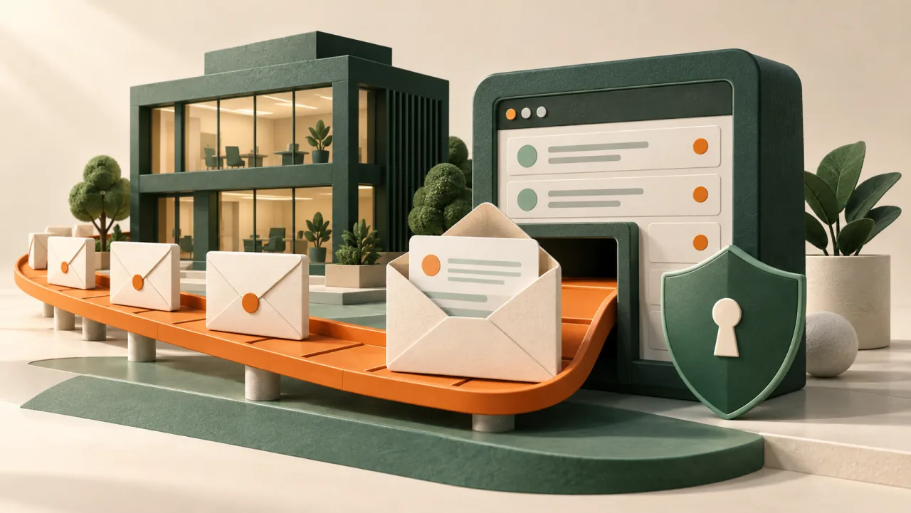Business email illustration with envelopes entering an organised company inbox beside a protective shield