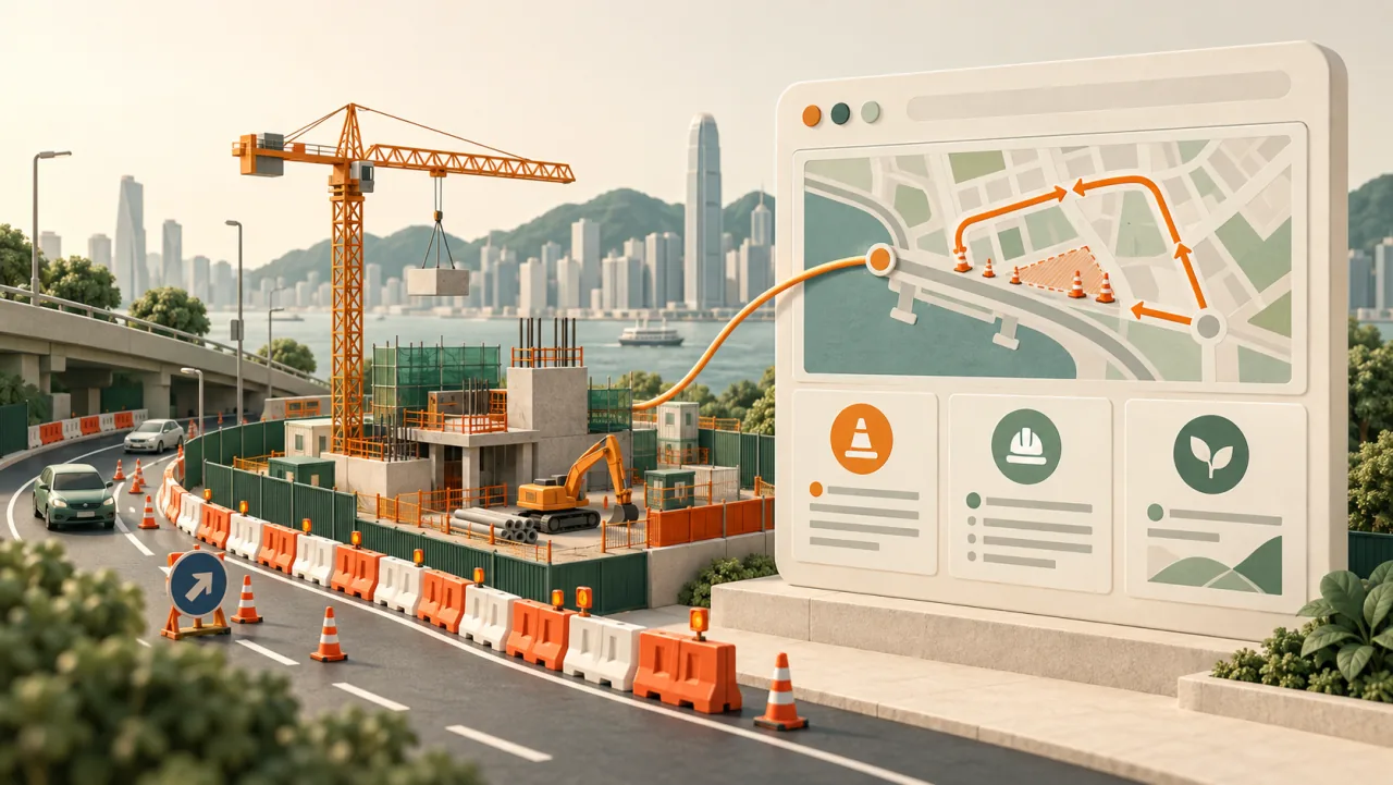 Construction project illustration connecting a works site to traffic arrangements and public information