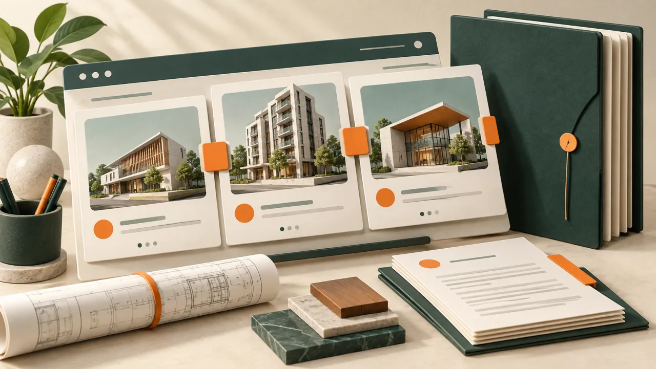 Contractor portfolio illustration with building projects, drawings and organised company documents