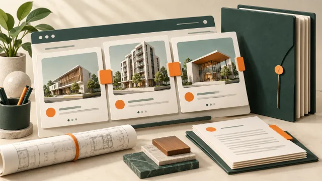 Contractor portfolio illustration with building projects, drawings and organised company documents