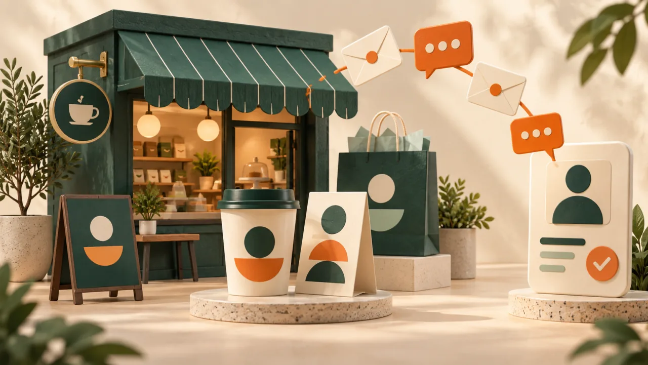 Restaurant and retail promotion illustration linking a storefront and menu to email and message cards