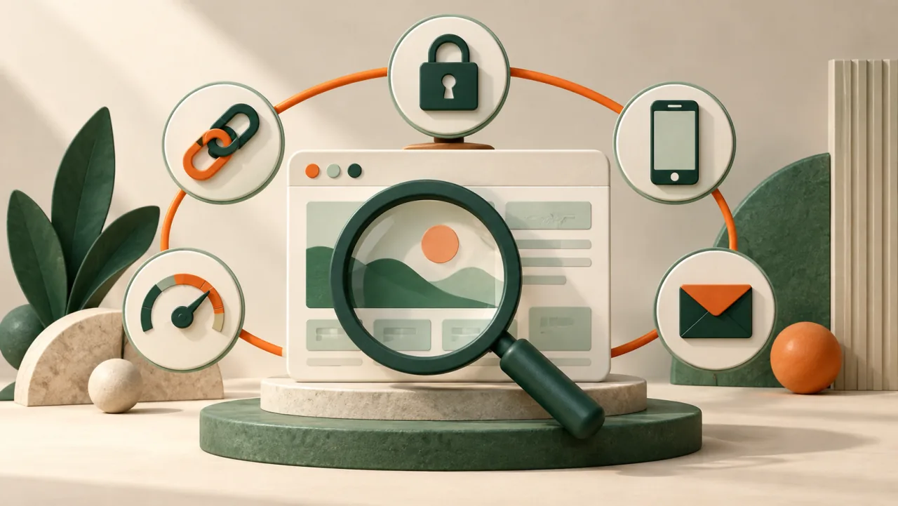 Website health check illustration covering connectivity, security, mobile layout, speed and contact functions