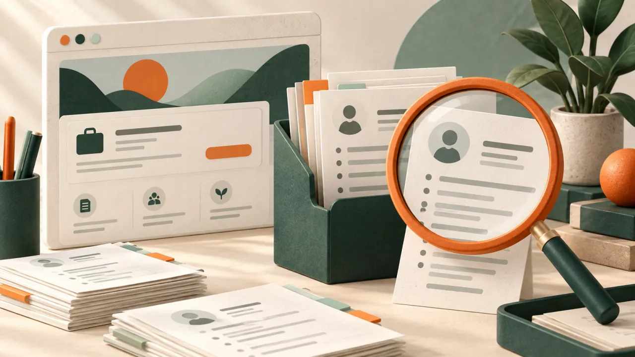 Recruitment illustration with application documents organised for review through a magnifying lens