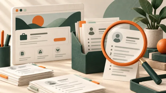 Recruitment illustration with application documents organised for review through a magnifying lens