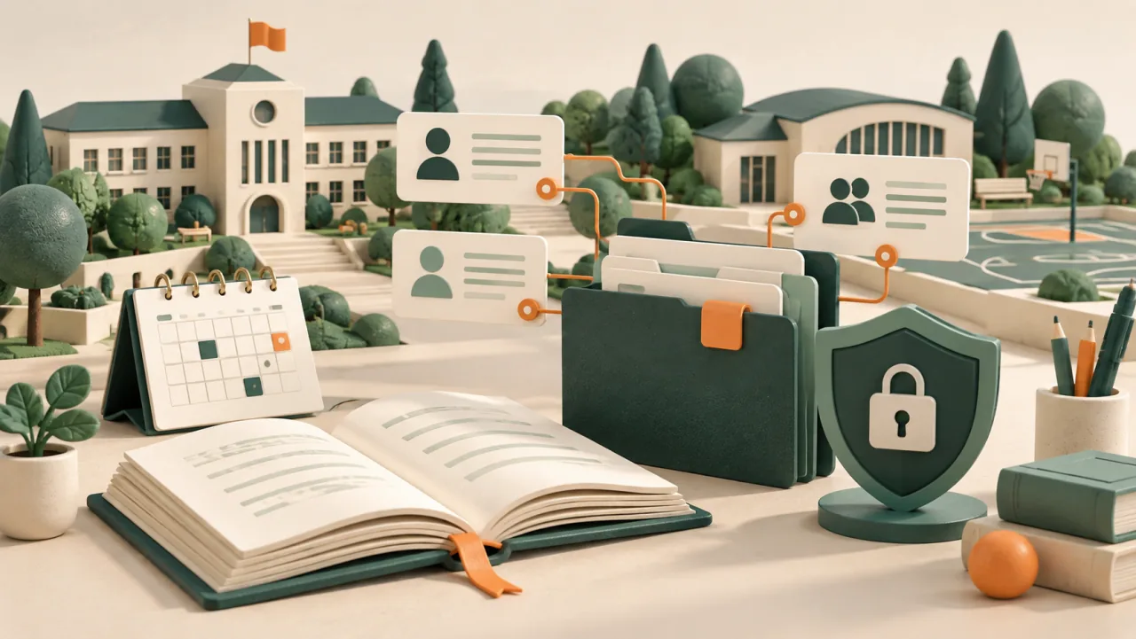 School administration illustration with a campus, book, calendar and protected membership records