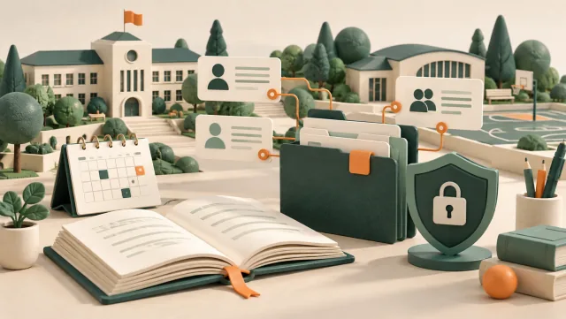 School administration illustration with a campus, book, calendar and protected membership records