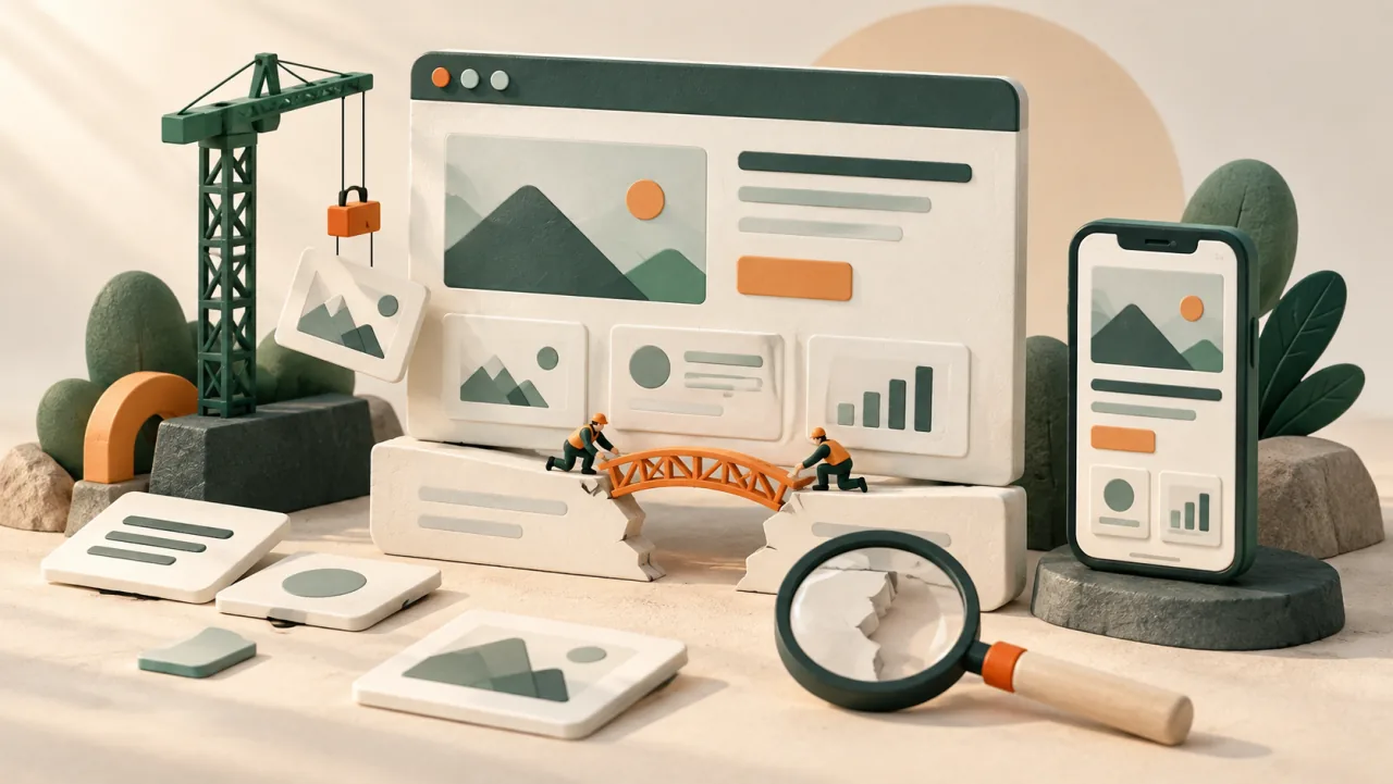 Website rebuilding illustration with repaired page connections and coordinated desktop and mobile layouts