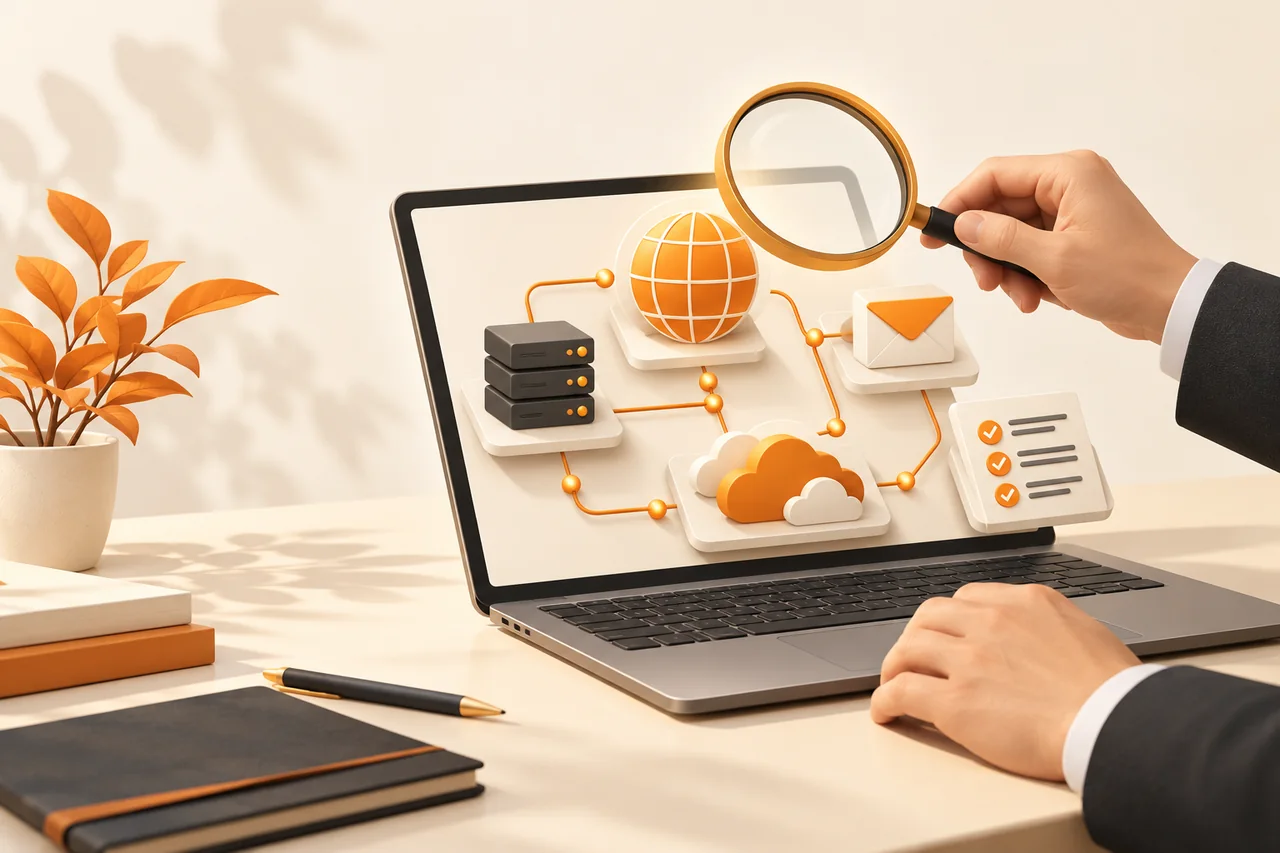 Illustration of an expert reviewing connected domain, DNS, email and cloud platforms