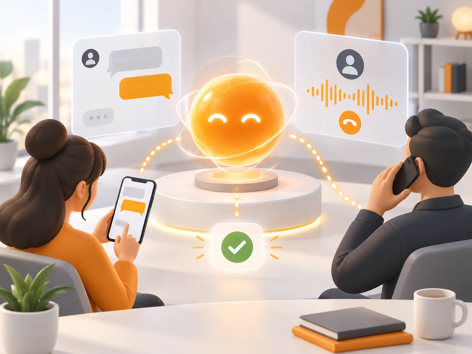 Illustration of AI handling text and voice enquiries