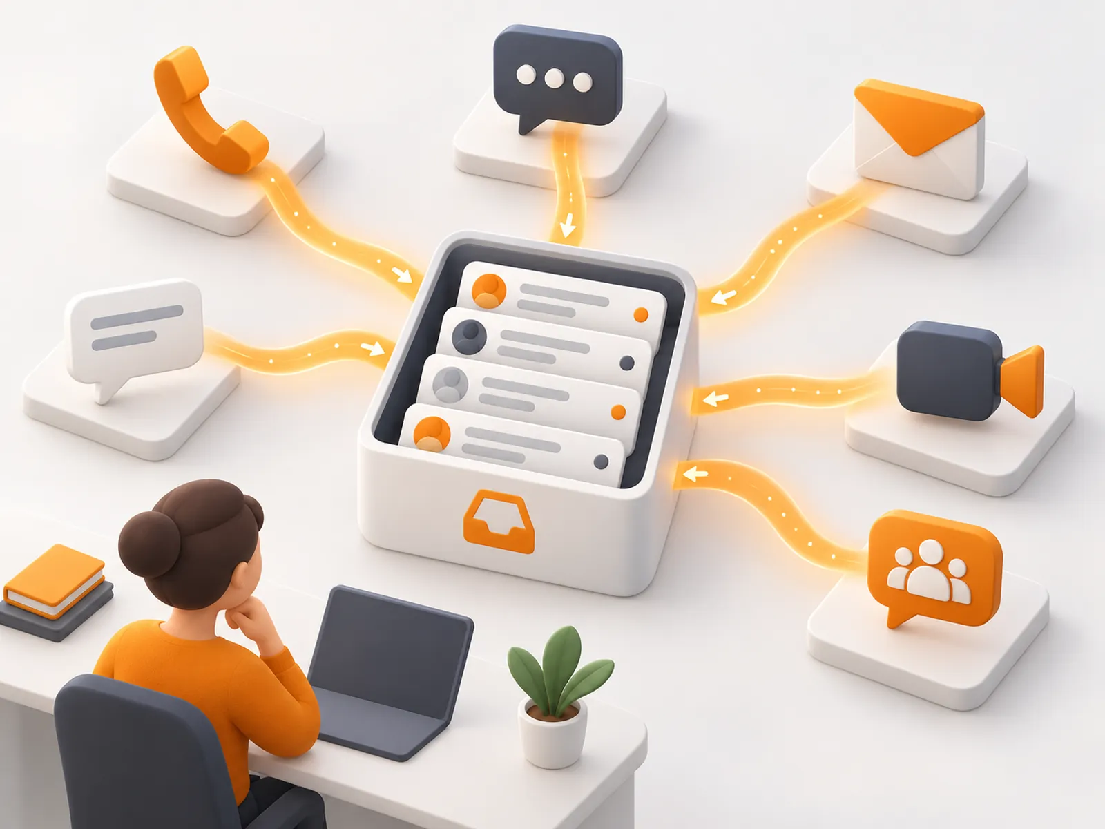 Illustration of many channels flowing into one workspace